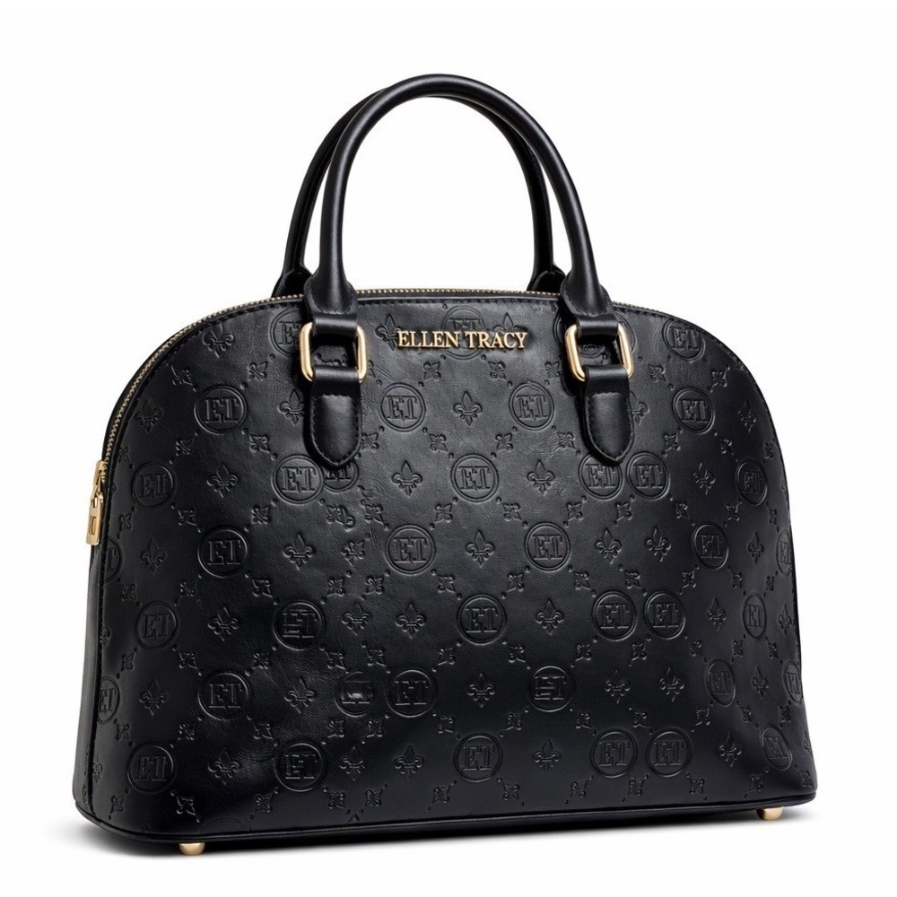 Ellen Tracy Black Embossed Logo Satchel Handbag Gold Hardware Crossbody Strap